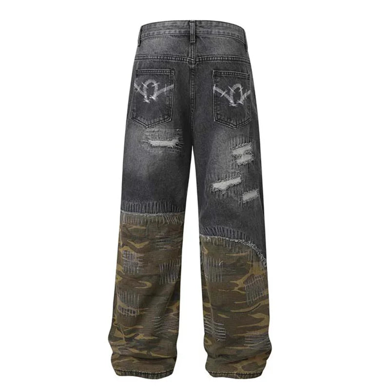 Camouflage Patchwork Jeans Pants Men Hip Hop Streetwear Washed Denim Trousers Straight Distressed