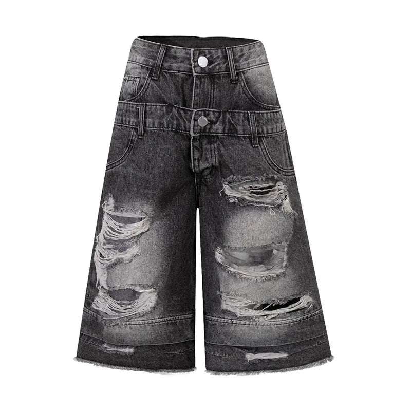 Hi Street Ripped Casual Jeans Shorts Streetwear Ripped Washed Denim Short For Male Patchwork