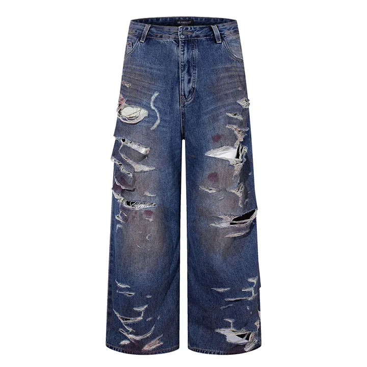 Hip Hop Baggy Ripped Jeans Pants Straight Loose Washed Denim Trousers For Male Blue