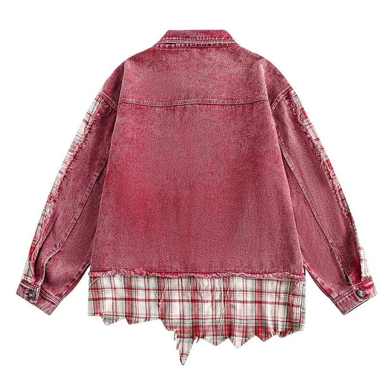 Oversized Hip Hop Ripped Denim Jackets Hi Street Plaid Patchwork Outwear Jeans Coats For Male Streetwear