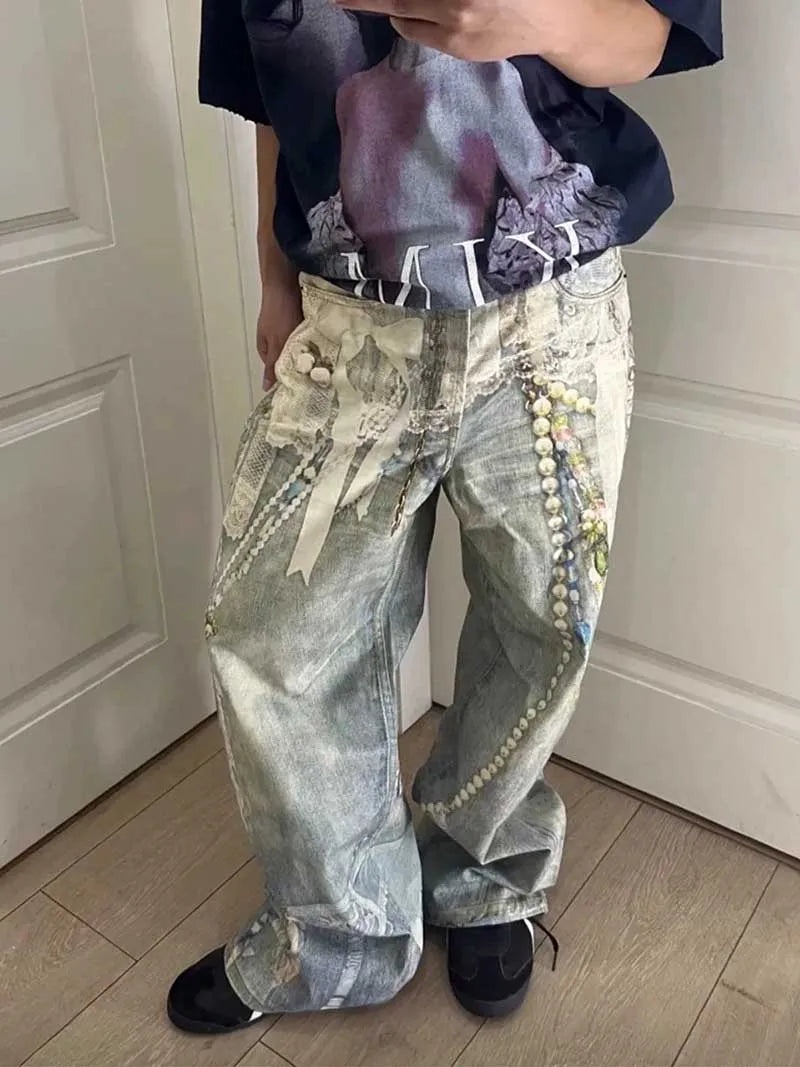 Hip Hop Vintage Pearl Printed Jeans Pants Harakuju Loose Baggy Denim Trousers For Unisex