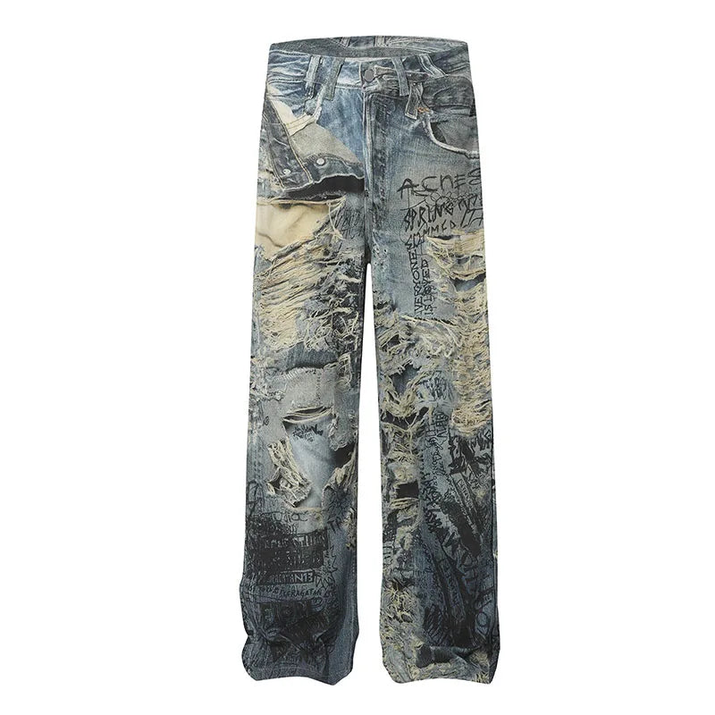 Hi Street 3D Printed Jeans Pants Streetwear Harakuju Vintage Denim Trousers For Male Hip Hop