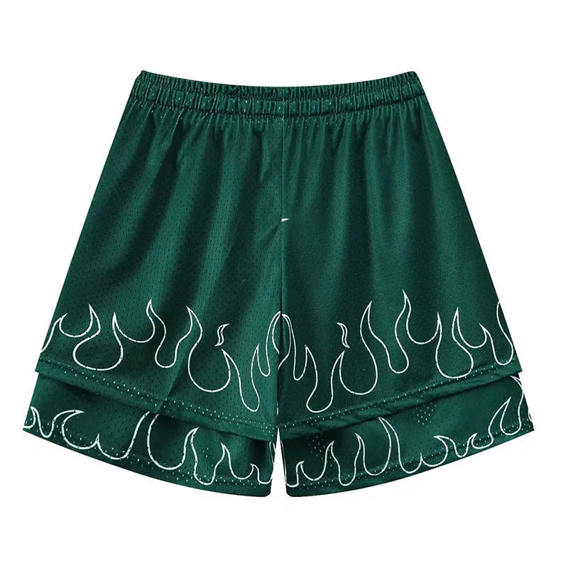 Hip Hop Flame Printed Shorts Streetwear Elastic Waist Casual Short Pants For Male Loose Fit