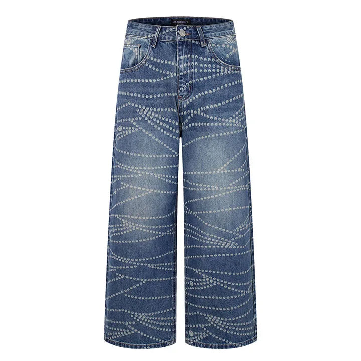 Hi Street Vintage Printed Jeans Pants Blue Streetwear Loose Denim Trousers For Male Hip Hop