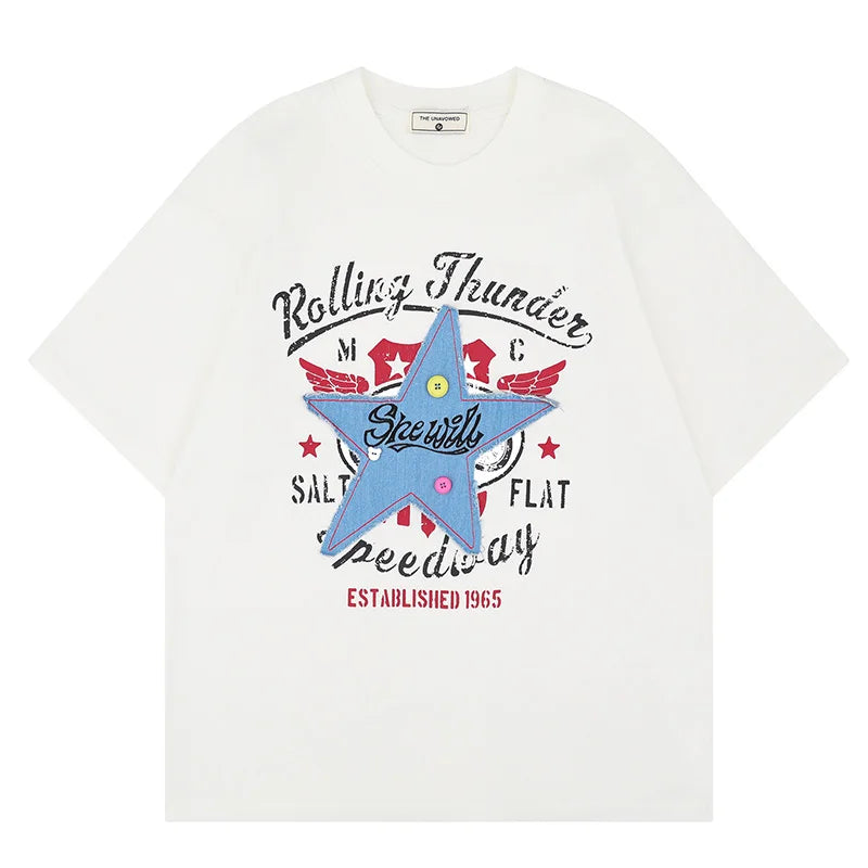 Vintage Hi Street Star Patches Tshirt Short Sleeves Hip Hop Streetwear Top Tees Cotton