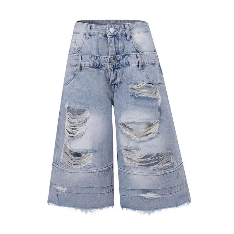 Hi Street Ripped Casual Jeans Shorts Streetwear Ripped Washed Denim Short For Male Patchwork