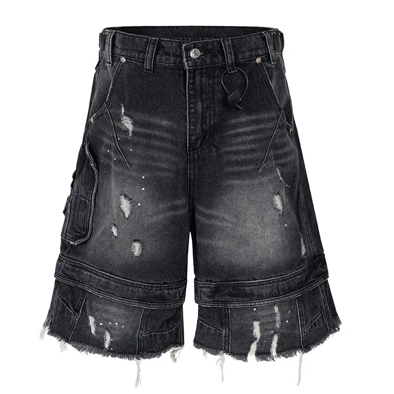 Vintage Hip Hop Ripped Jeans Short Streetwear Harakuju Casual Denim Short For Male Multi Pockets