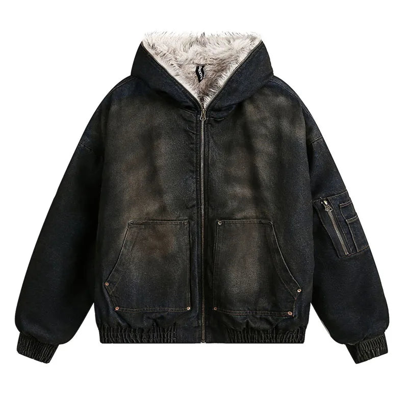 Oversized Hip Hop Winter Denim Parkas Vintage Harakuju Streetwear Casual Jackets Coats For Male With Fur Collar