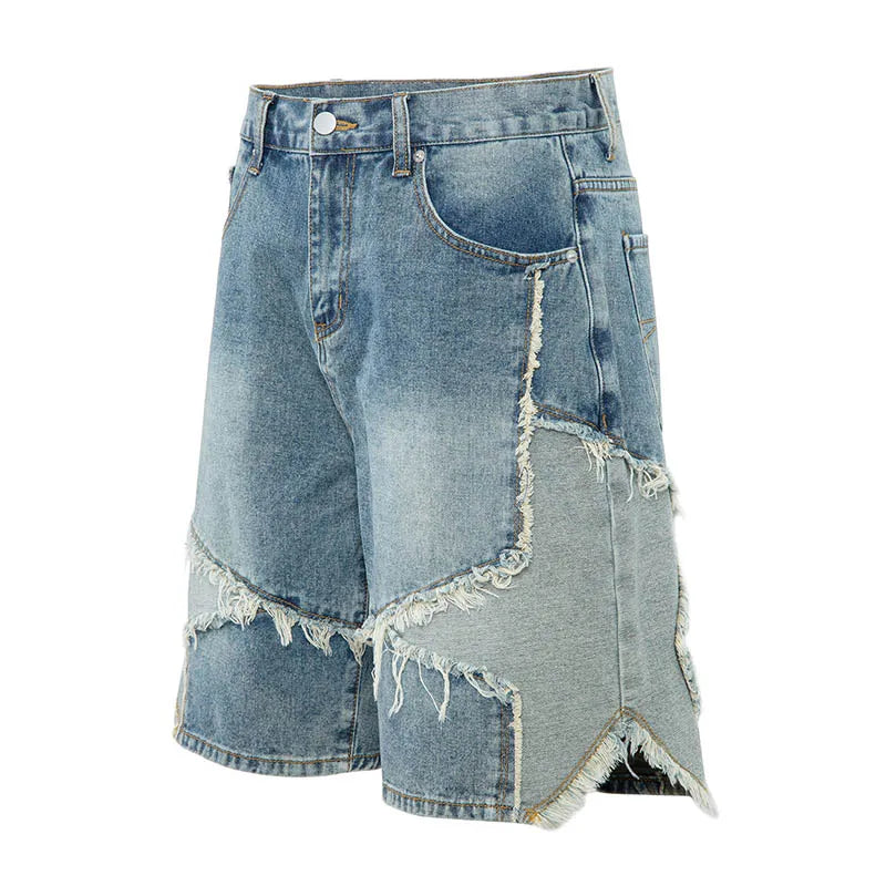 Hip Hop Star Pattern Casual Jeans Shorts Streetwear Washed Loose Denim Shorts For Male Patchwork