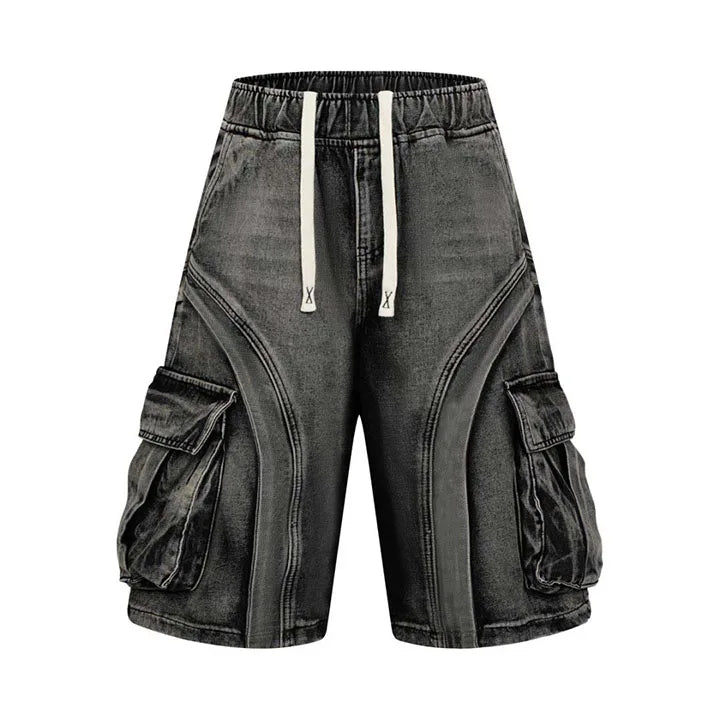 Hip Hop Vintage Casual Jeans Pants Streetwear Straight Cargo Denim Short For Male Multi Pockets