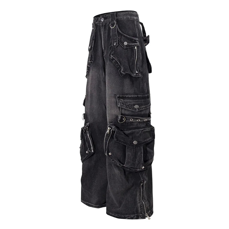 Hi Street Cargo Blue Casual Jeans Pants Loose Streetwear Vintage Denim Trousers For Male Multi Pockets