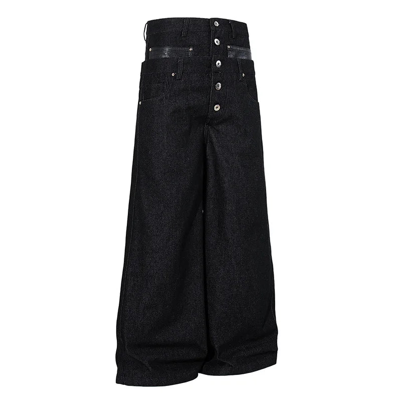 Vintage Hi Street Black Jeans Pants Rivet Style Leather Patchwork Denim Trousers For Male Loose Fit