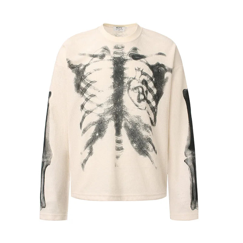 Oversized Hip Hop Skeleton Graphic T shirts Harakuju Streetwear Casual Top Tees For Male Long Sleeves