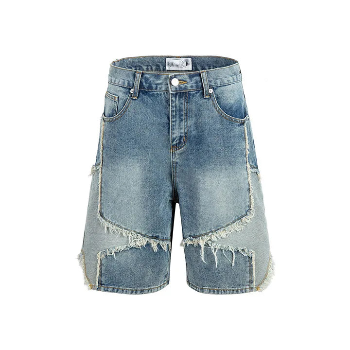 Hip Hop Star Pattern Casual Jeans Shorts Streetwear Washed Loose Denim Shorts For Male Patchwork