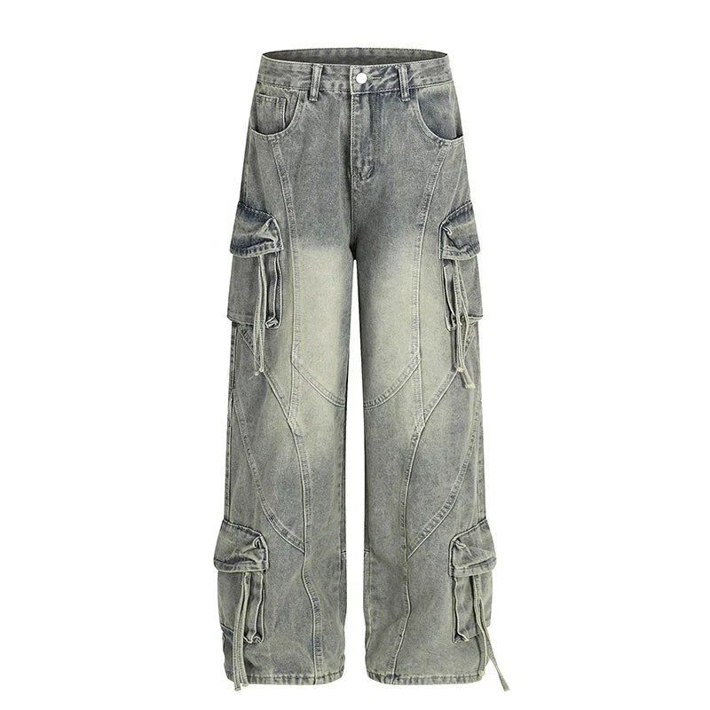 Hi Street Cargo Casual Jeans Pants Multi Pockets Streetwear Washed Denim Trousers For Male Patchwork