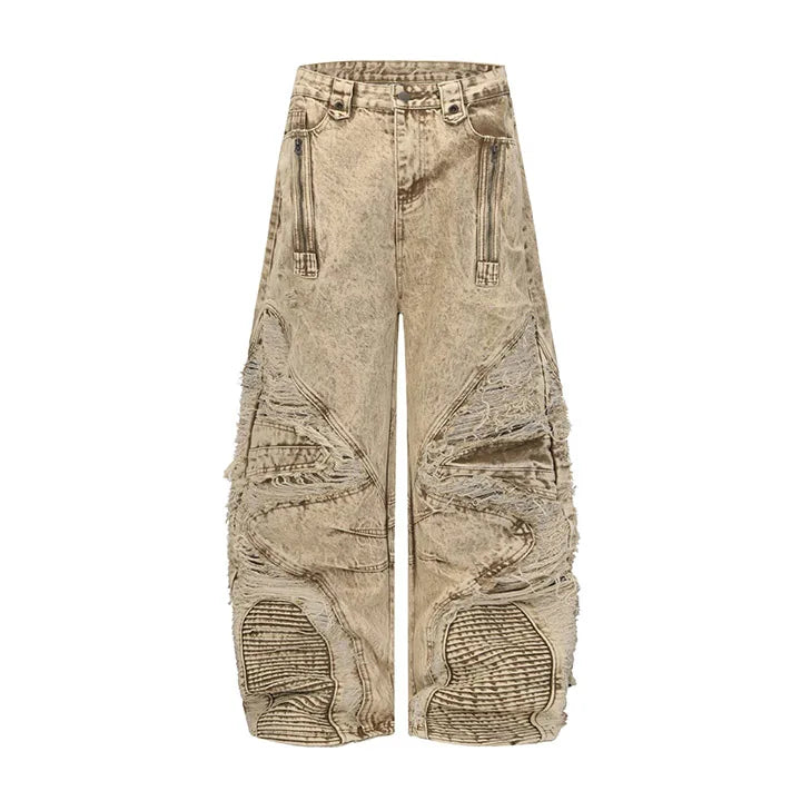 Hip Hop Vintage Cargo Jeans Pants Washed Harakuju Ripped Denim Trousers For Male Patchwork