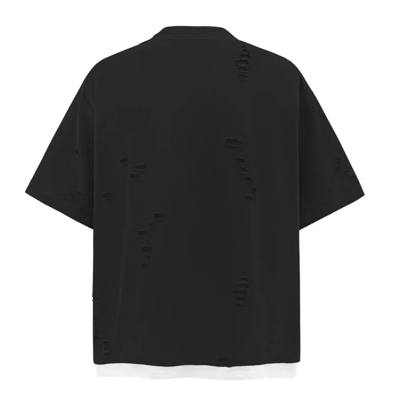 Hip Hop Ripped Casual T shirts Streetwear Hi Street Patchwork Top Tees For Male Short Sleeves