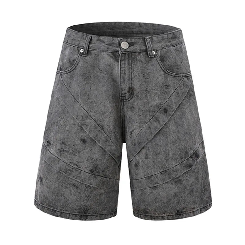 Hi Street Printed Casual Jeans Shorts Streetwear Washed Straight Denim Short For Male Patchwork