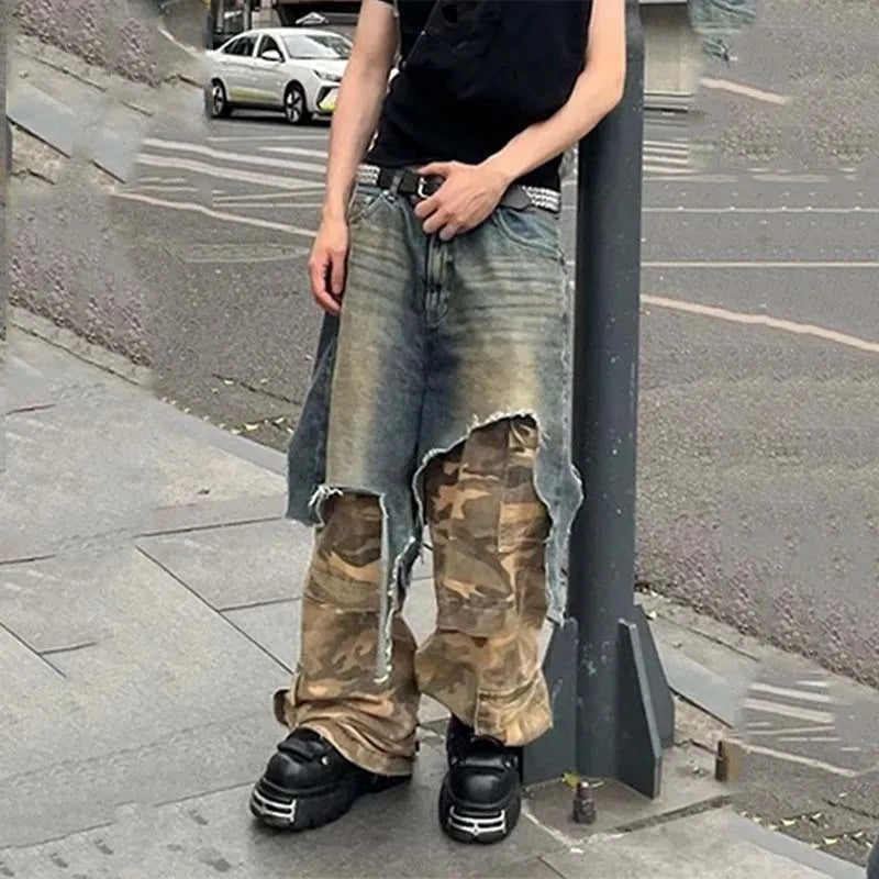 Hi Street Camouflage Patchwork Jeans Pants Straight Baggy Casual Denim Trousers For Male Vintage