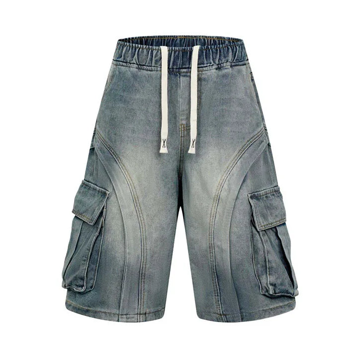 Hip Hop Vintage Casual Jeans Pants Streetwear Straight Cargo Denim Short For Male Multi Pockets