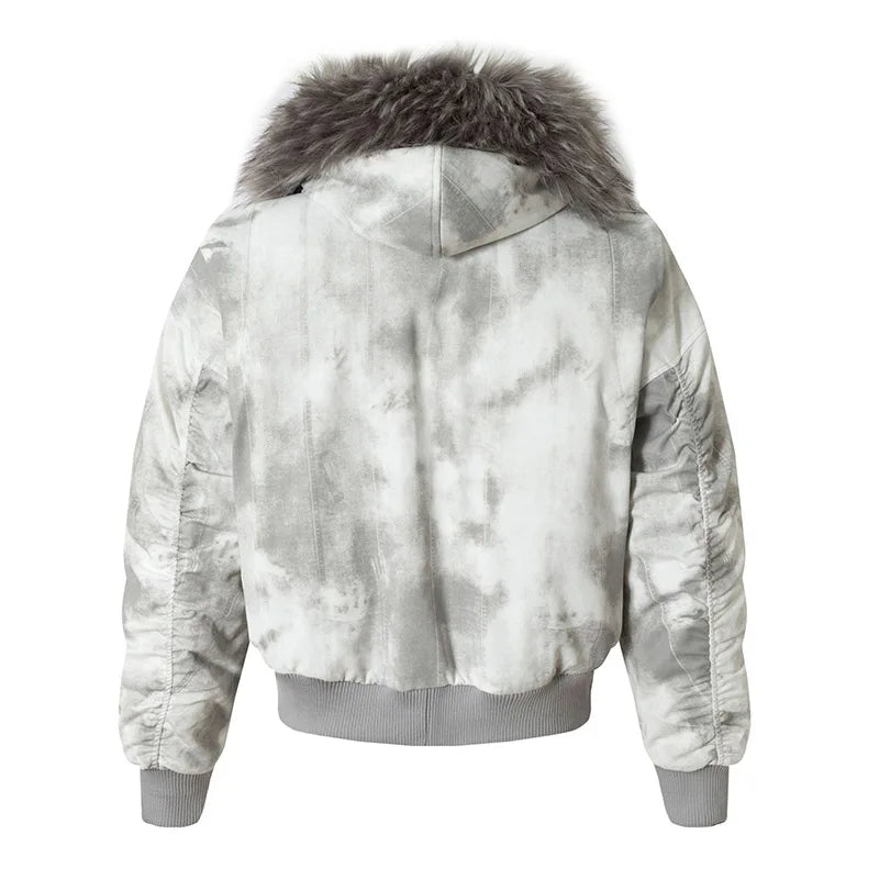 Vintage Winter Warm Casual Parka Coats Fur Collar Cotton Lined Printed Bomber Outwear Jackets For Male