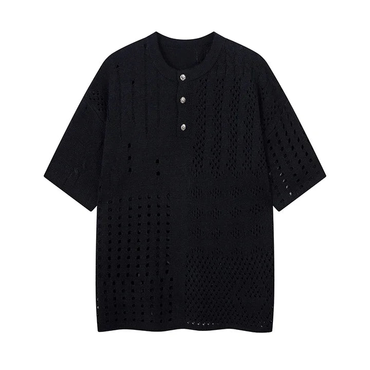 Vintage Hi Street Hollow out Tshirt Short Sleeves Streetwear Top Tees  For Male Patchwork