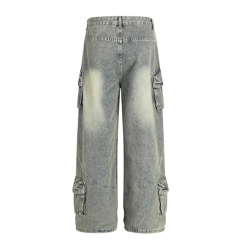 Hi Street Cargo Casual Jeans Pants Multi Pockets Streetwear Washed Denim Trousers For Male Patchwork