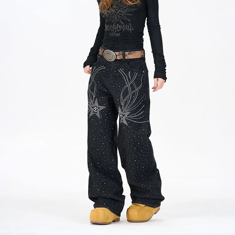 Vintage Hi Street Drill Printed Jeans Pants Washed Harakuju Streetwear Denim Trousers For Male Loose Fit