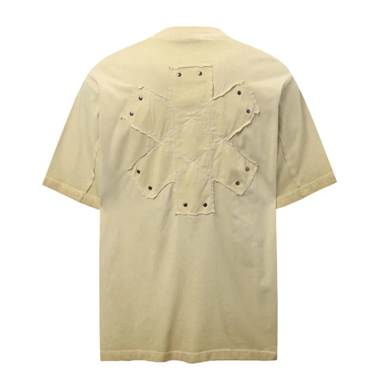 Vintage Hi Street Summer Casual Tshirt Short Sleeves  Streetwear Top Tees  For Male Patchwork