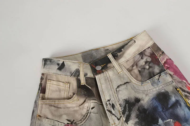 Graffiti Printed Vintage Jeans Pants Loose Streetwear Splashed Ink Casual Denim Trousers For Male