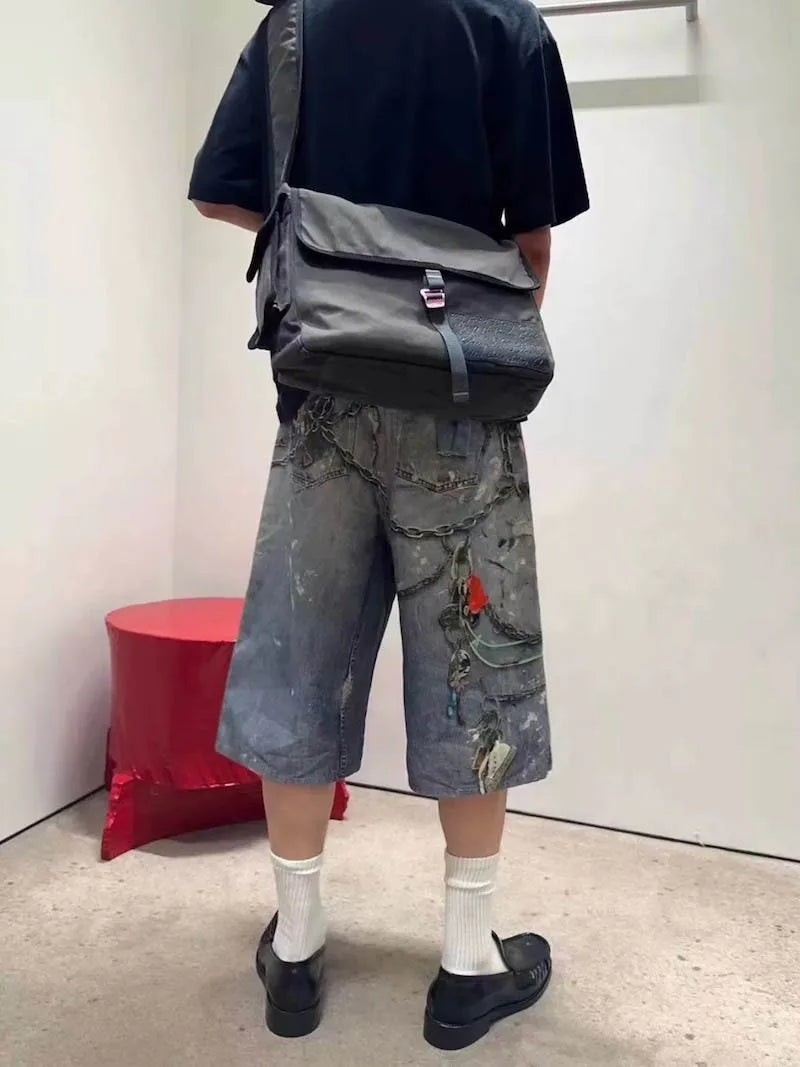 Hip Hop 3D Printed Jeans Shorts Streetwear Washed Vintage Denim Shorts For Male Blue