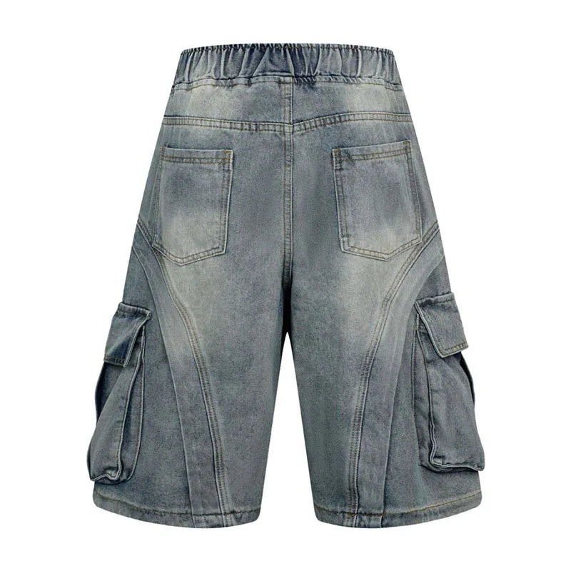 Hip Hop Vintage Casual Jeans Pants Streetwear Straight Cargo Denim Short For Male Multi Pockets