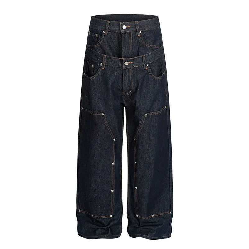 Hi Street Irregular Patchwork Jeans Pants Harkuju Vintage Casual Denim Trousers For Male Hip Hop