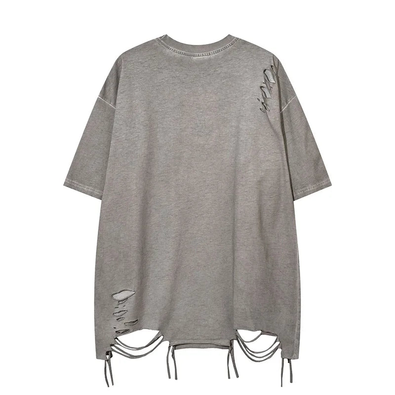 Oversized Hi Street Short Sleeves T-shirt Men Ripped Washed Summer Top Tees Loose Fit Streetwear