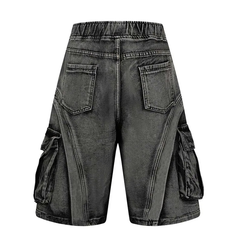 Hip Hop Vintage Casual Jeans Pants Streetwear Straight Cargo Denim Short For Male Multi Pockets