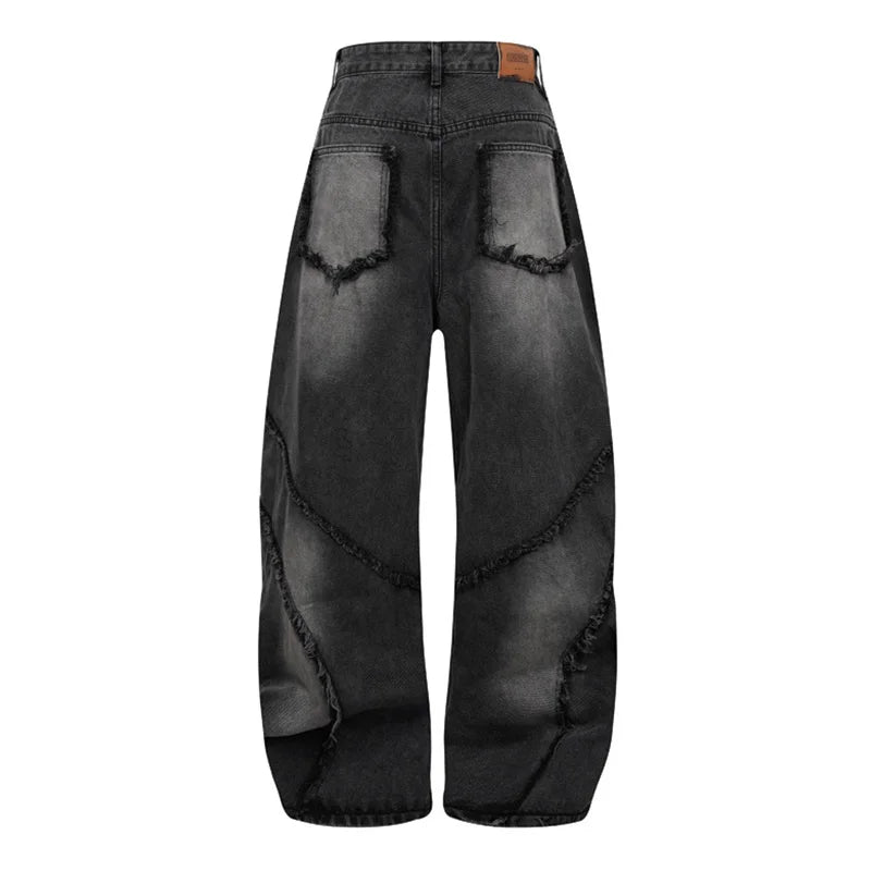 Vintage Hip Hop Casual Jeans Pants Streetwear Harakuju Black Denim Trousers For Male Patchwork