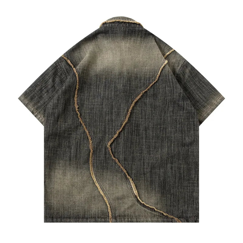 Vintage Hip Hop Streetwea Jeans Shirts Washed Patchwork Loose Button Up Blouse For Male