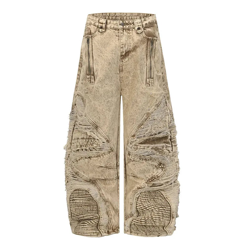 Hip Hop Vintage Cargo Jeans Pants Washed Harakuju Ripped Denim Trousers For Male Patchwork