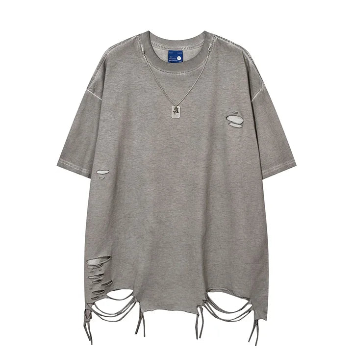 Oversized Hi Street Short Sleeves T-shirt Men Ripped Washed Summer Top Tees Loose Fit Streetwear